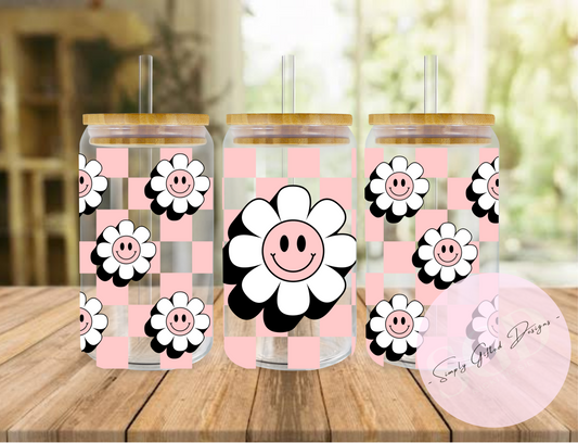 Smiley Daisy Pink Checked 16oz Glass Tumbler
